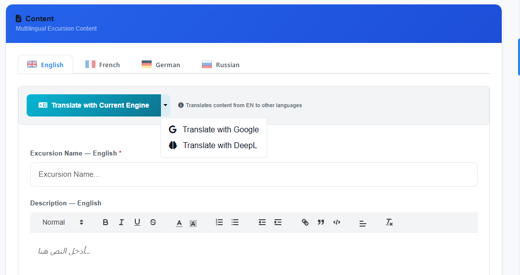 Easy Trips — one-click AI translation of excursion content